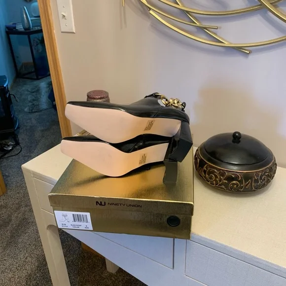 Ninety Union Black Heeled Boots with Gold Chain - Picture 2 of 4